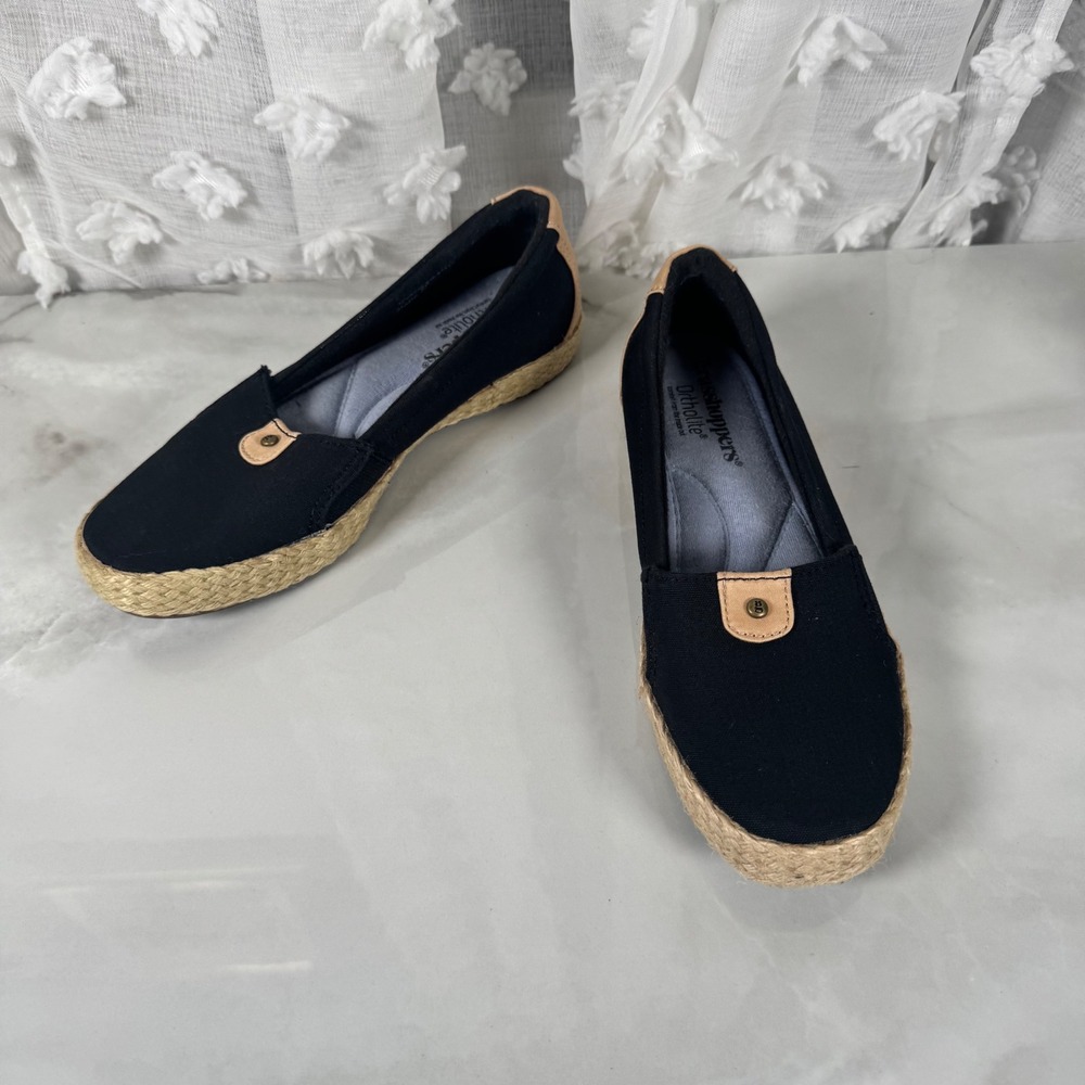 Grasshoppers Canvas Espadrilles Flats Comfort Shoes Black Tan Slip On Neutral 6N